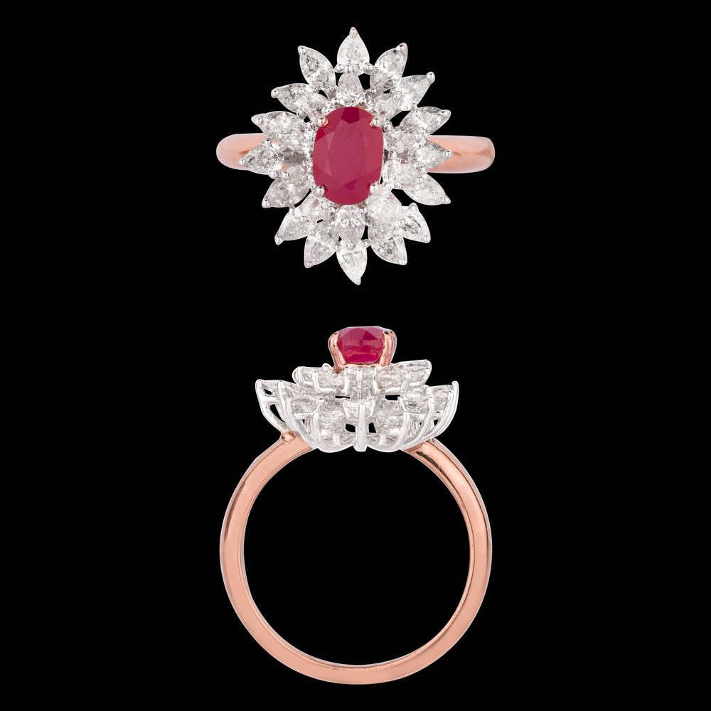 Carmine Ruby & Diamond Ring — 18K white gold ruby and diamond ring, top and side view
