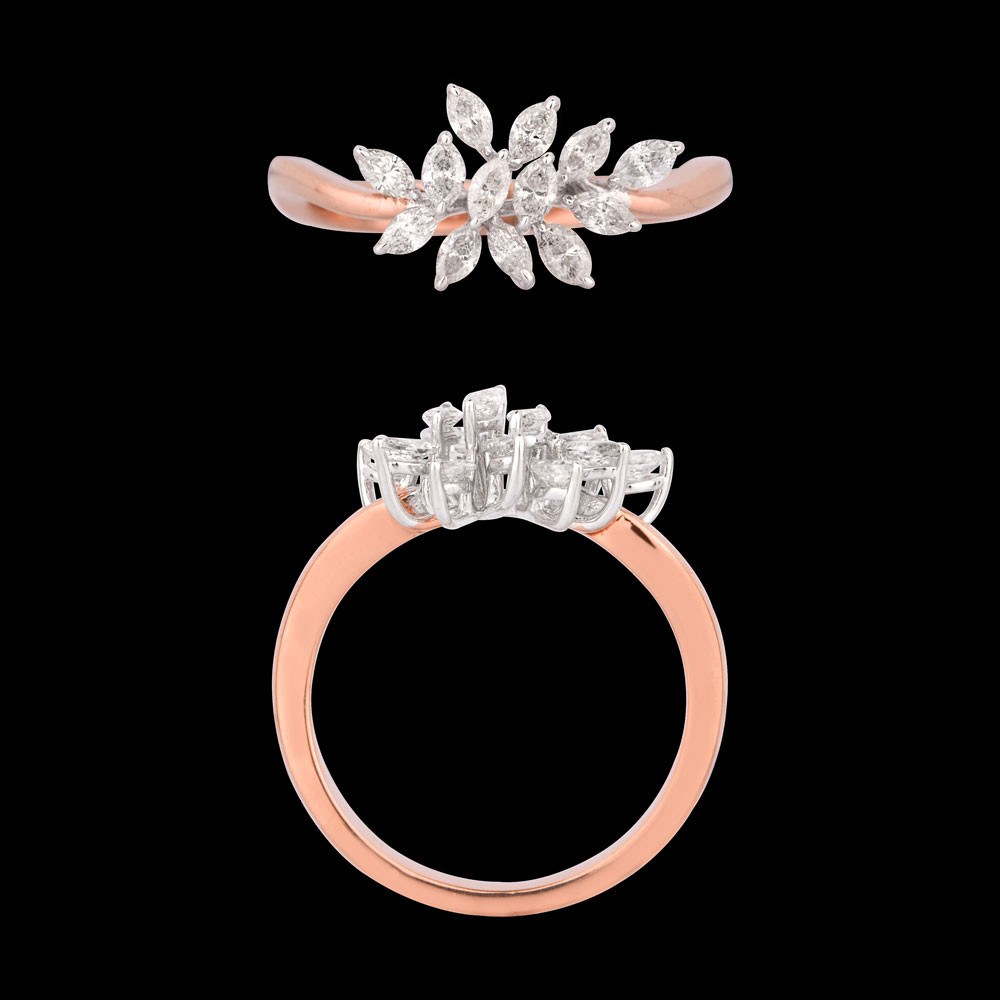 Rameau Leaf Diamond Ring — 18K rose gold diamond ring, top and side view