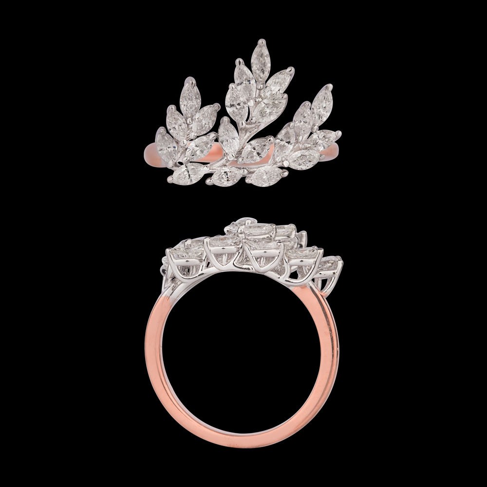 Olivier Leaf Cluster Ring — 18K rose gold diamond ring, top and side view