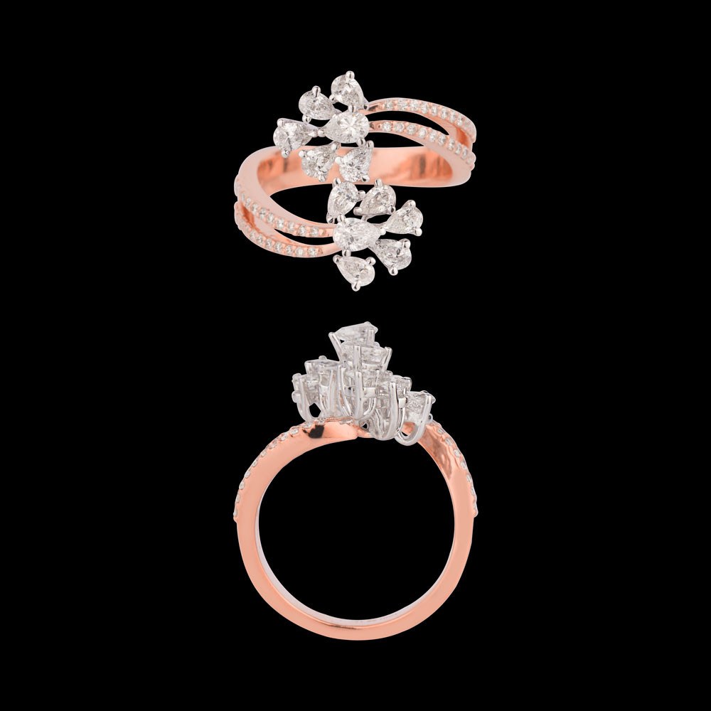 Poire Pear Cluster Ring — 18K rose gold diamond ring, top and side view