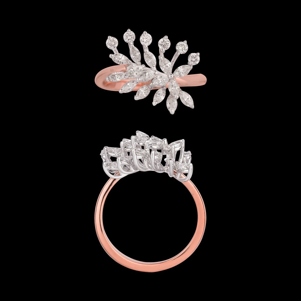 Verdure Leaf Diamond Ring — 18K rose gold diamond ring, top and side view