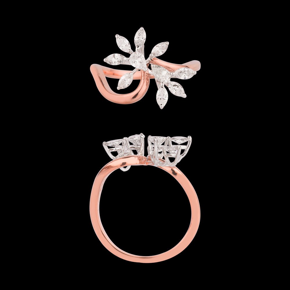 Lilas Marquise Floral Ring — 18K rose gold diamond ring, top and side view