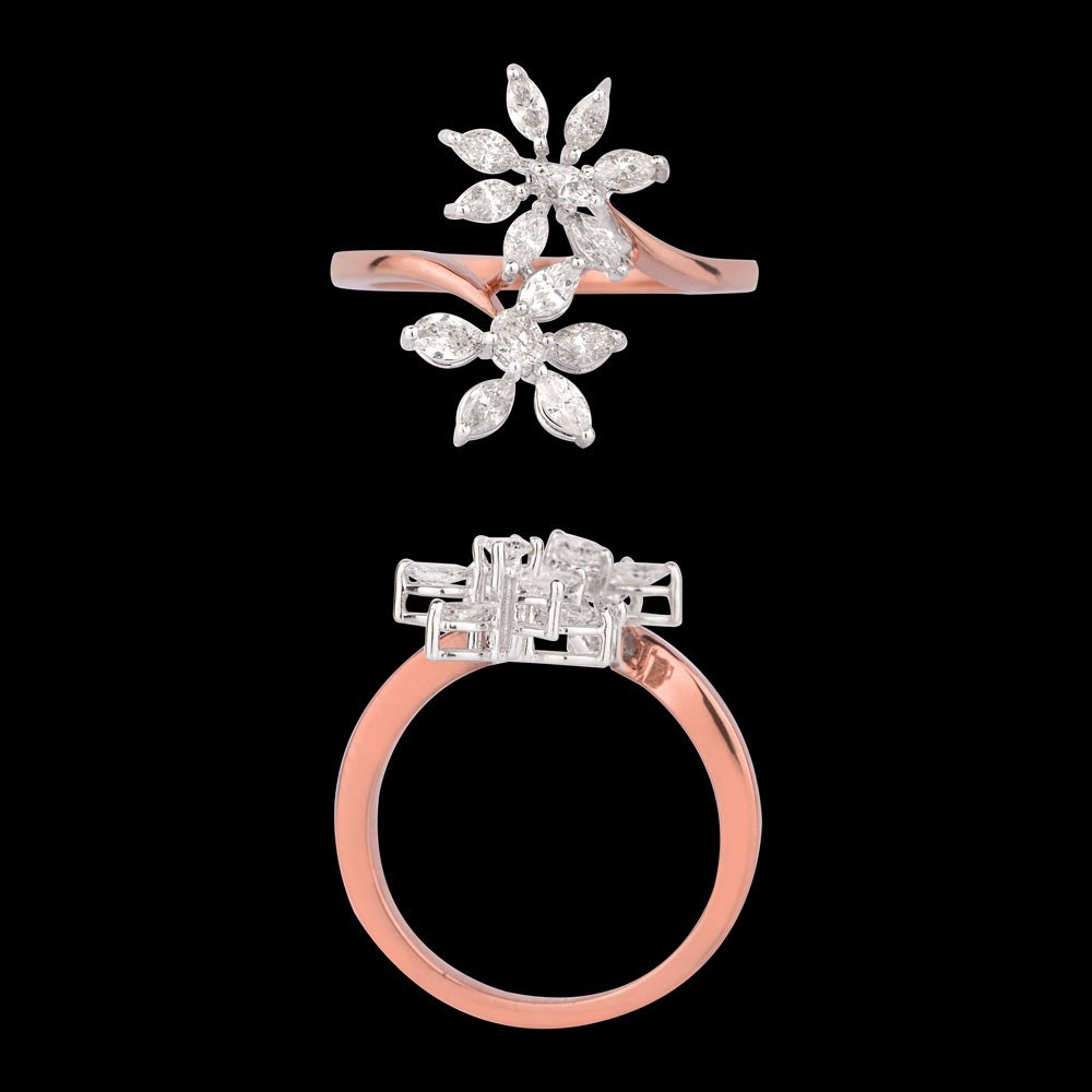 Cerisier Blossom Ring — 18K rose gold diamond ring, top and side view
