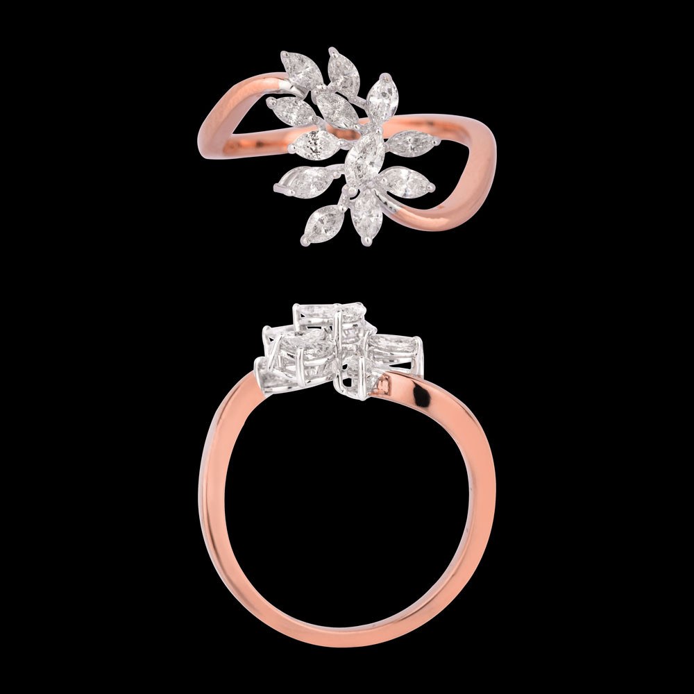 Saule Leaf Cluster Ring — 18K rose gold diamond ring, top and side view