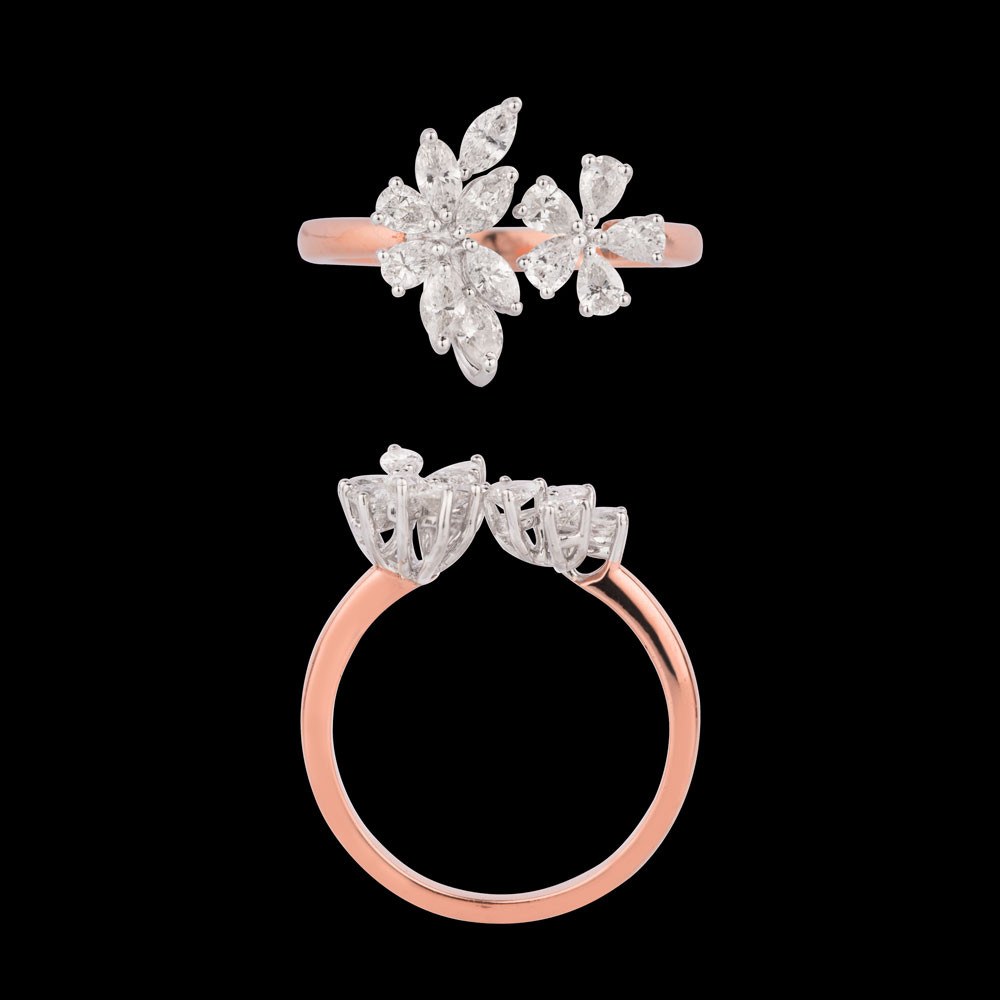Amande Marquise & Pear Ring — 18K rose gold diamond ring, top and side view