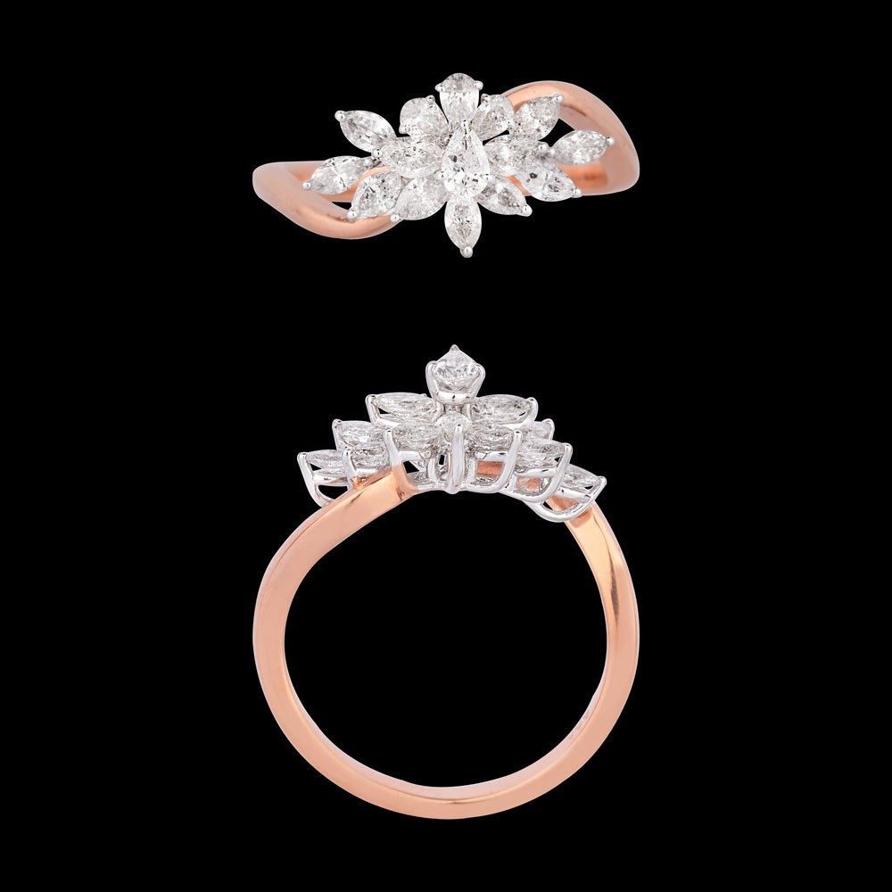 Muguet Marquise & Pear Ring — 18K rose gold diamond ring, top and side view