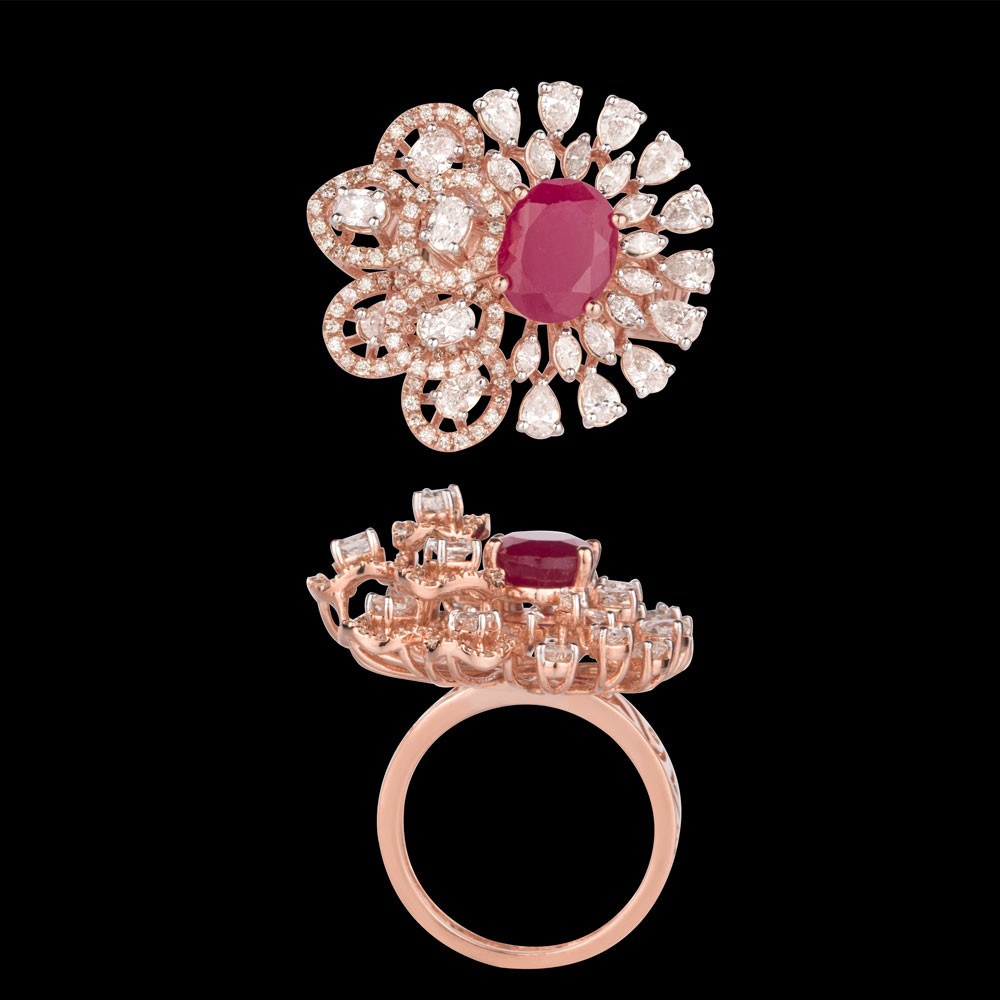 Rubis Royale Cocktail Ring — 18K rose gold ruby and diamond ring, top and side view
