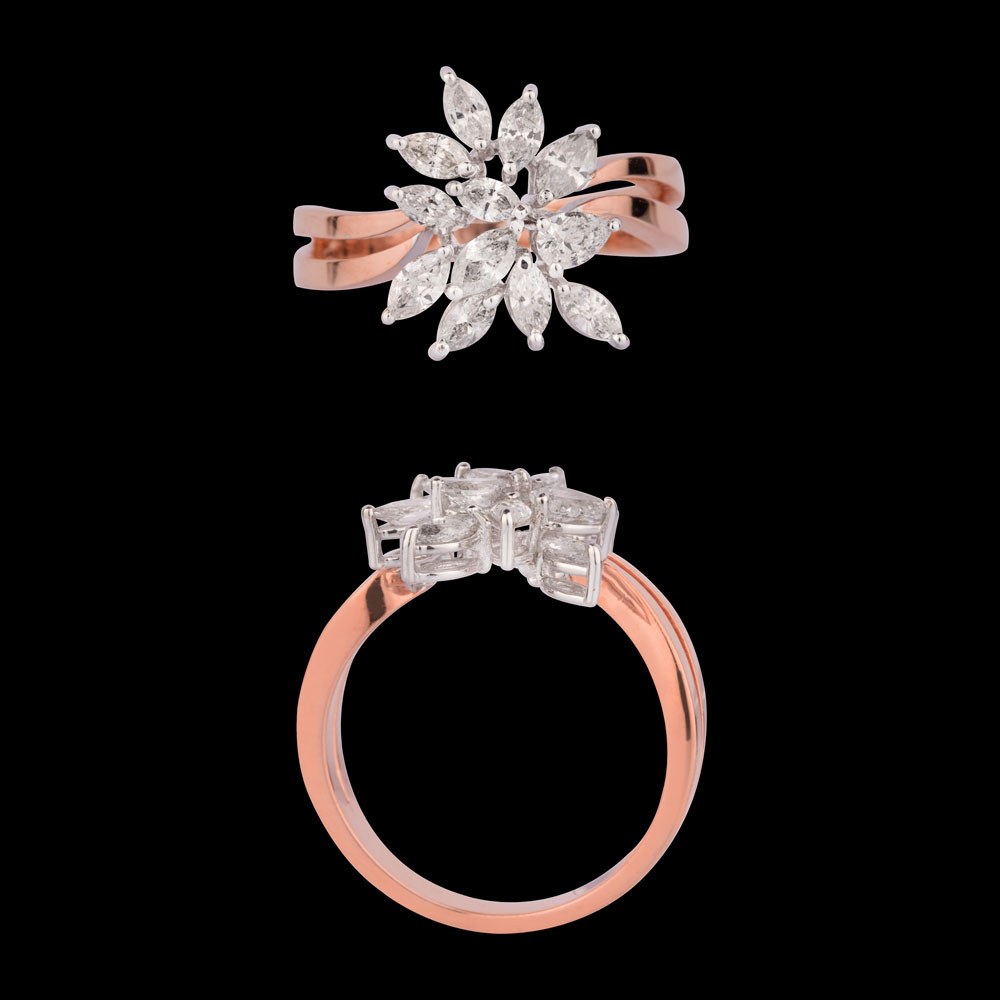 Magnolia Marquise Ring — 18K rose gold diamond ring, top and side view