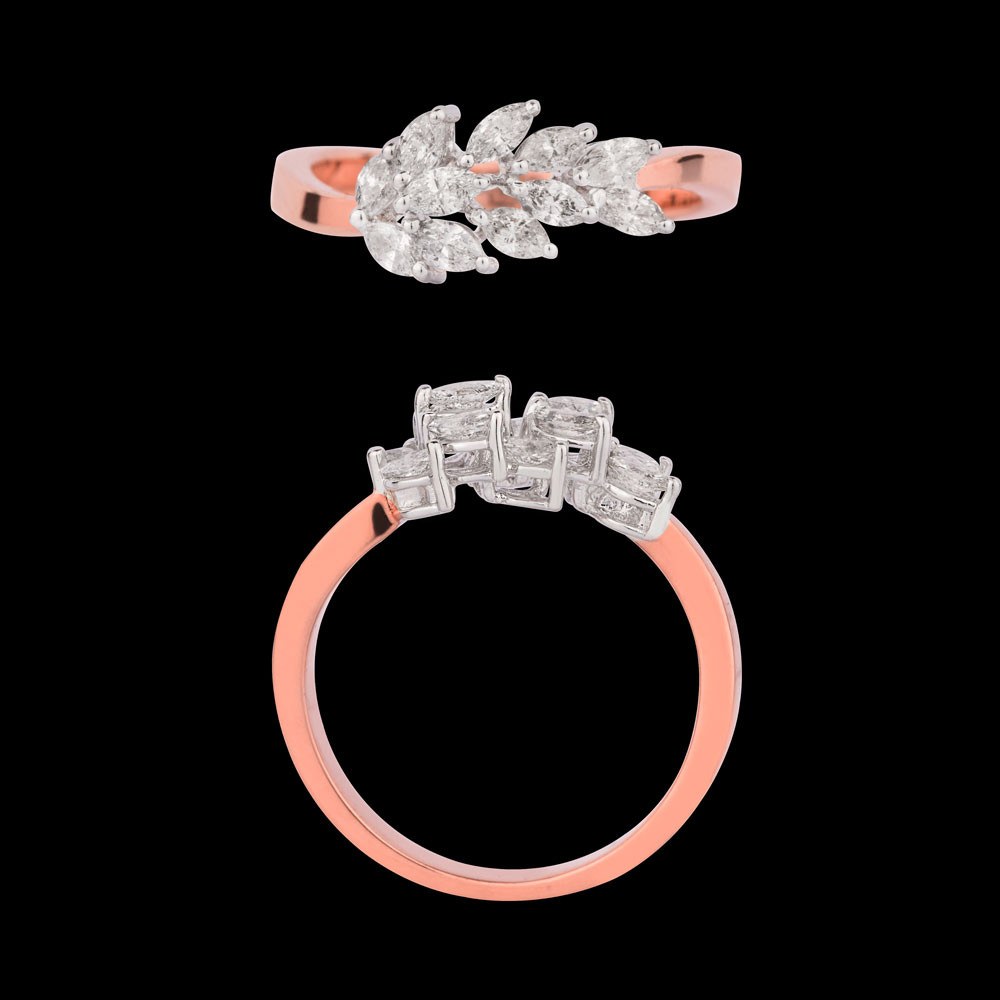 Brindille Leaf Ring — 18K rose gold diamond ring, top and side view