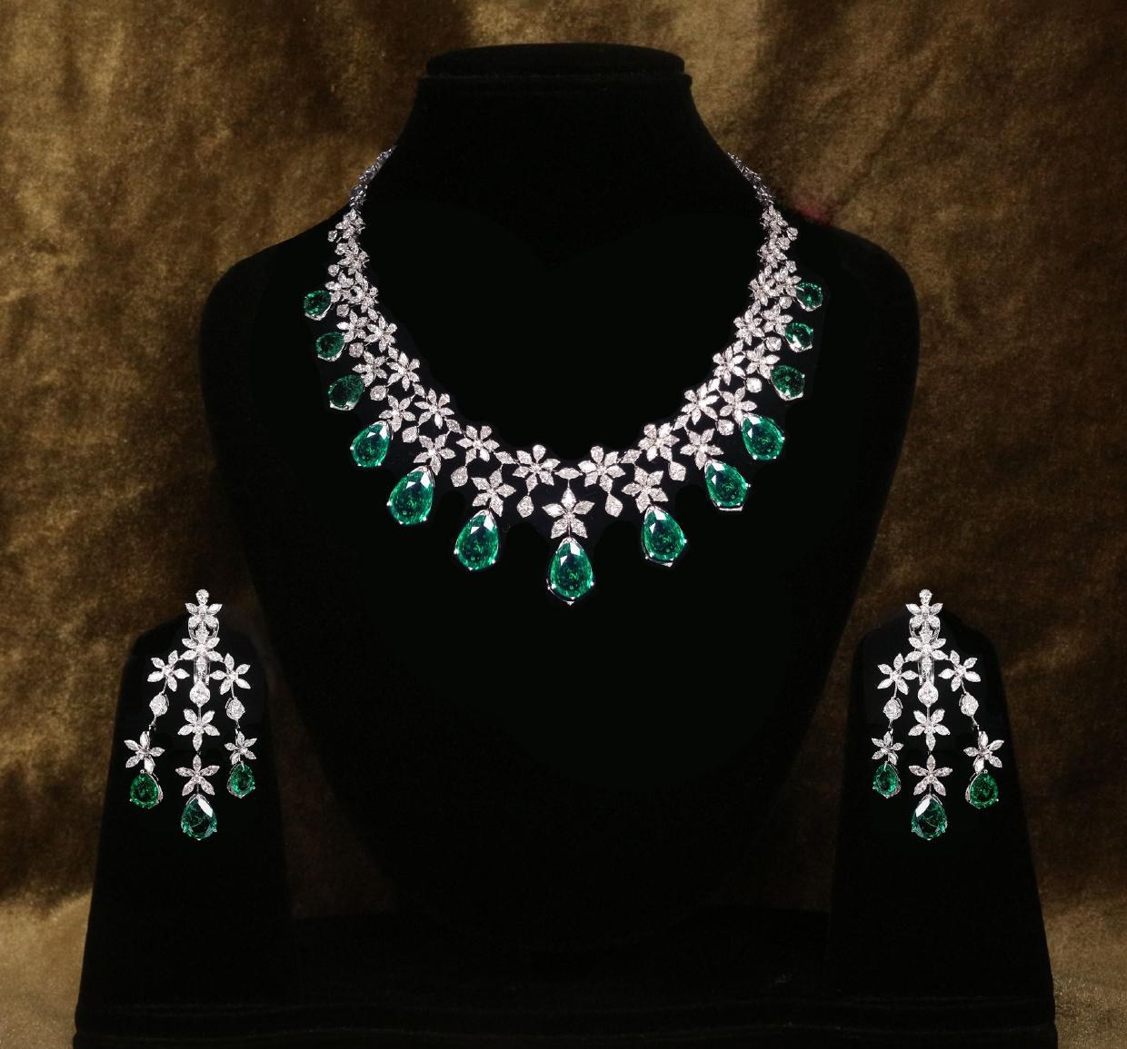 Thalia Emerald Necklace Set — 18K white gold necklace set by Nyce Designz