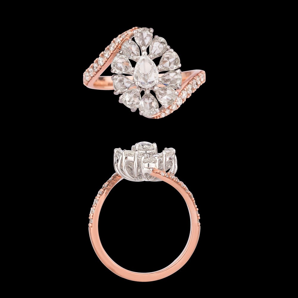 Fleur Pear Cluster Ring — 18K rose gold diamond ring, top and side view