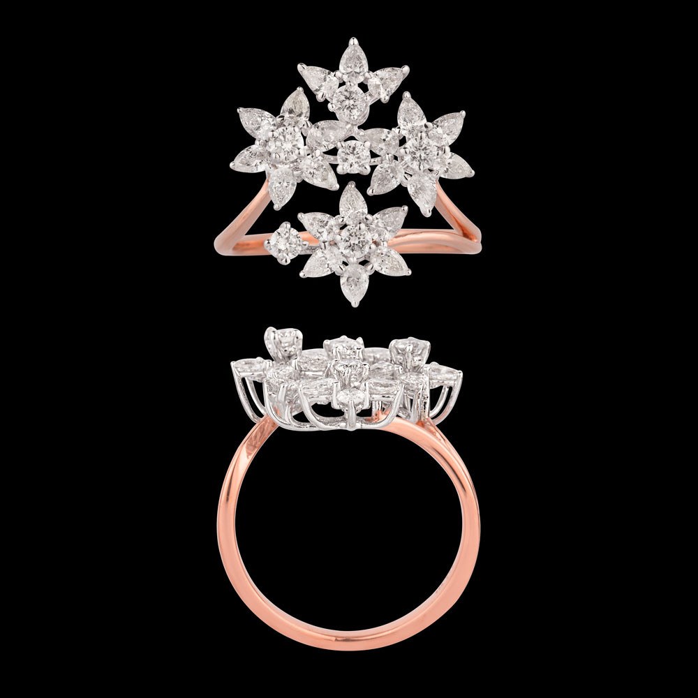 Blanche Two-Tone Floral Ring — 18K rose & white gold diamond ring, top and side view