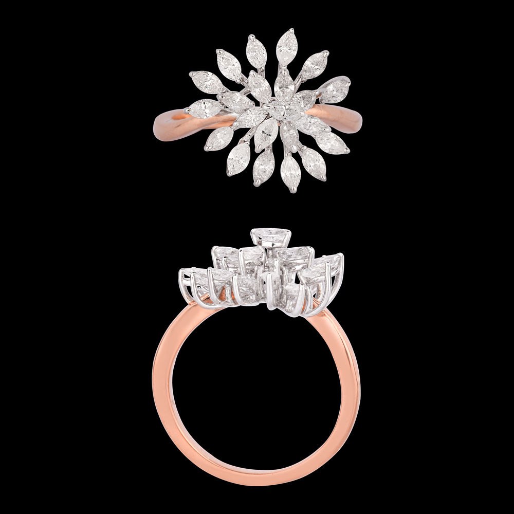 Adelaide Floral Diamond Ring — 18K rose gold diamond ring, top and side view