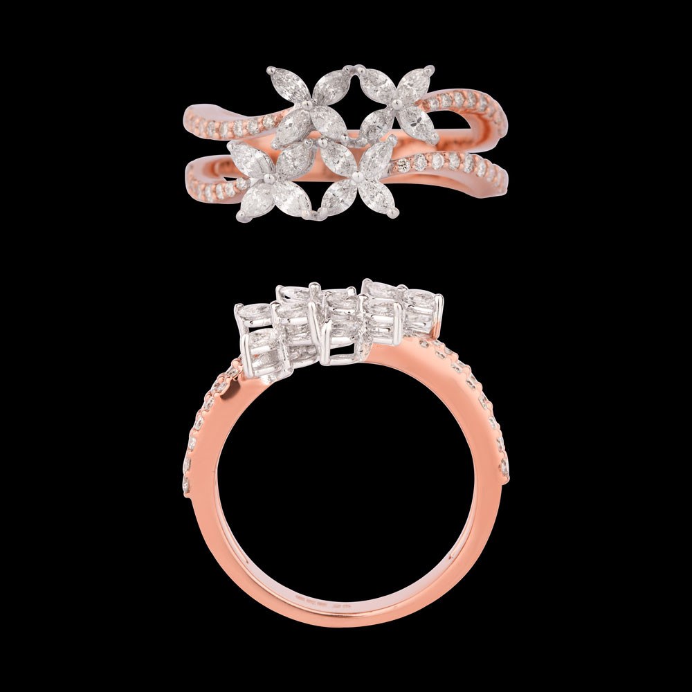 Jardin Double Bloom Ring — 18K rose gold diamond ring, top and side view