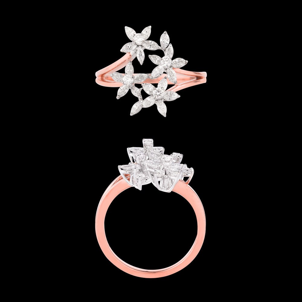 Iris Floral Diamond Ring — 18K rose gold diamond ring, top and side view