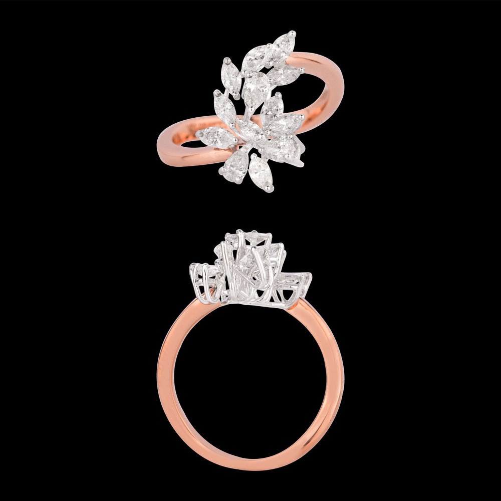 Laurier Leaf Diamond Ring — 18K rose gold diamond ring, top and side view