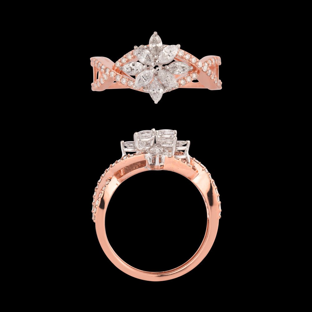 Aube Rose Gold Diamond Ring — 18K rose gold diamond ring, top and side view