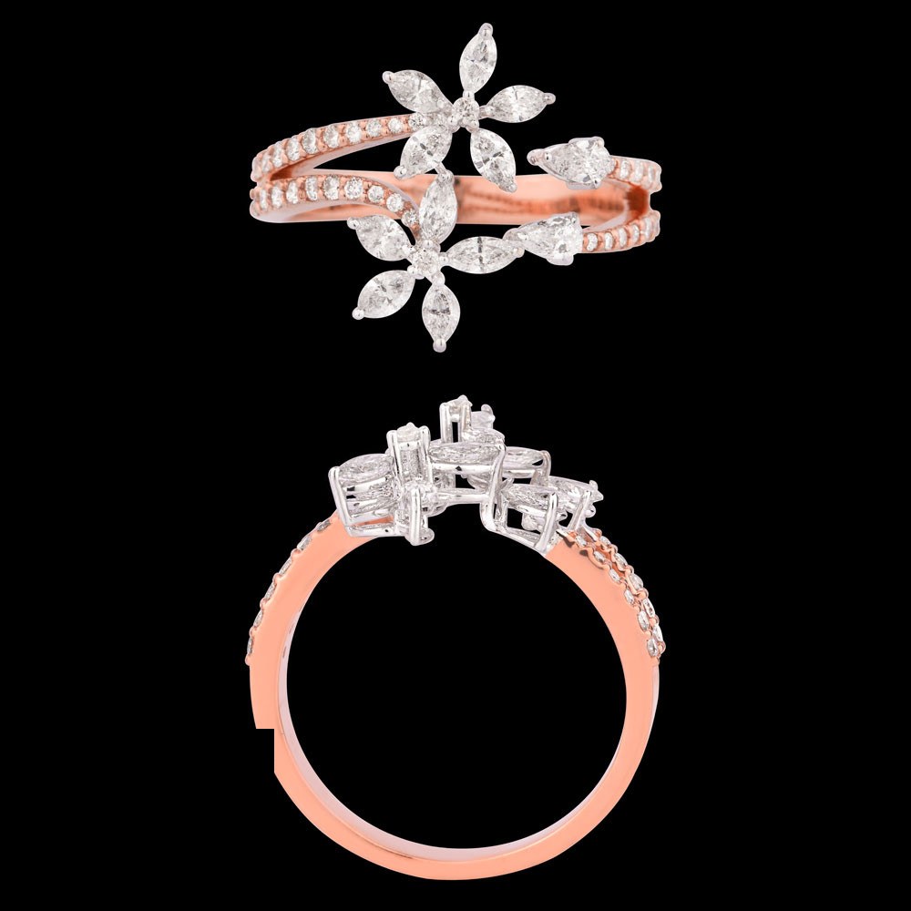 Clarisse Floral Ring — 18K rose gold diamond ring, top and side view