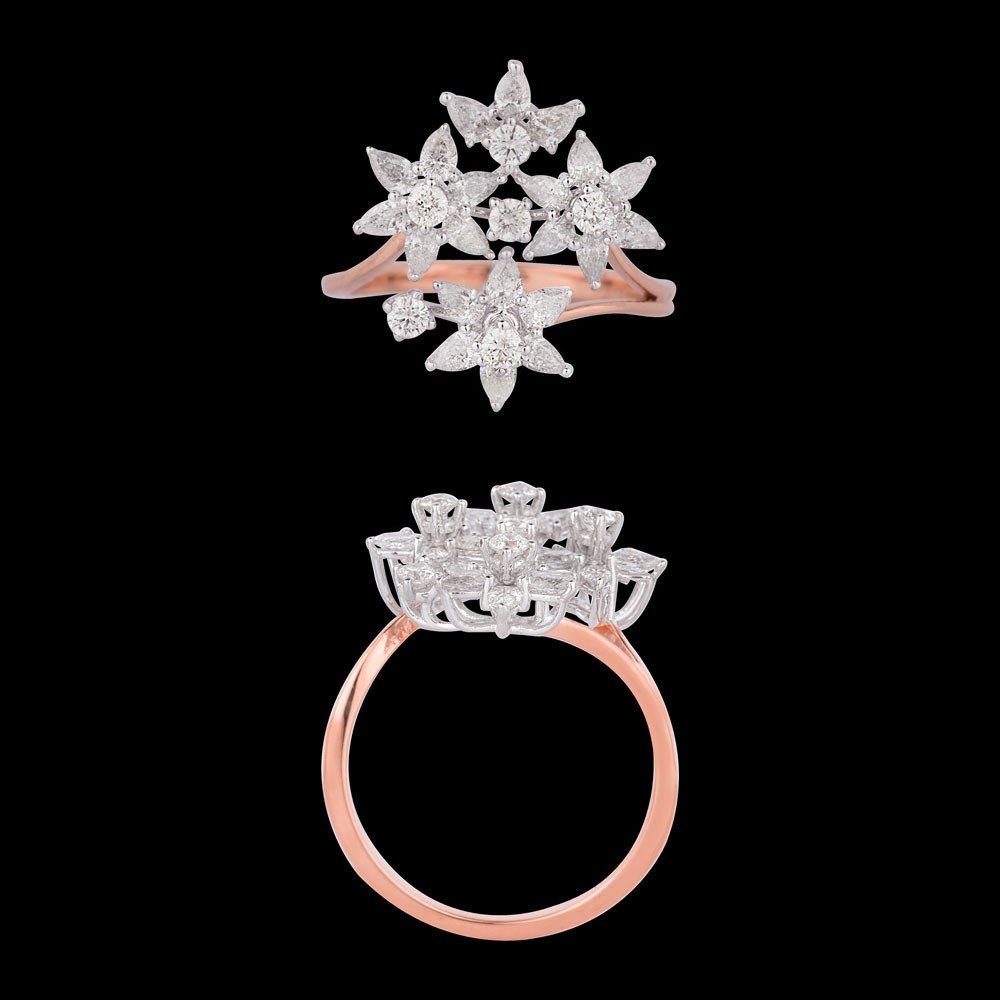 Serenade Floral Diamond Ring — 18K rose gold diamond ring, top and side view