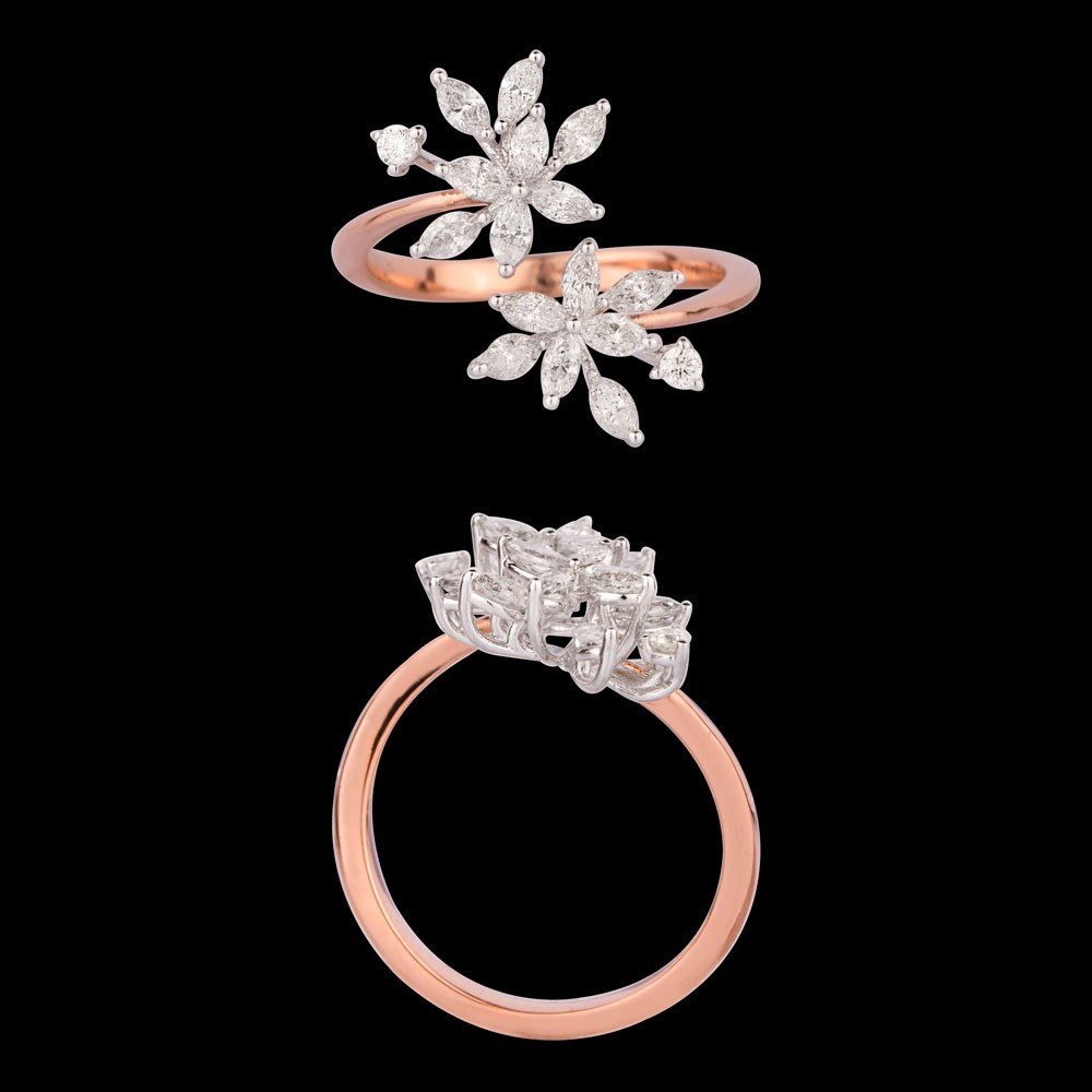 Celeste Floral Diamond Ring — 18K rose gold diamond ring, top and side view
