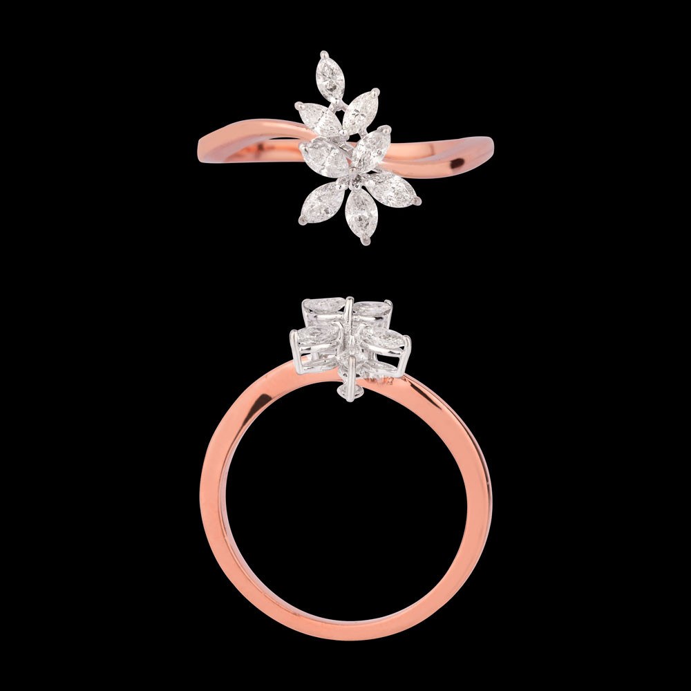 Bouton Marquise Floral Ring — 18K rose gold diamond ring, top and side view