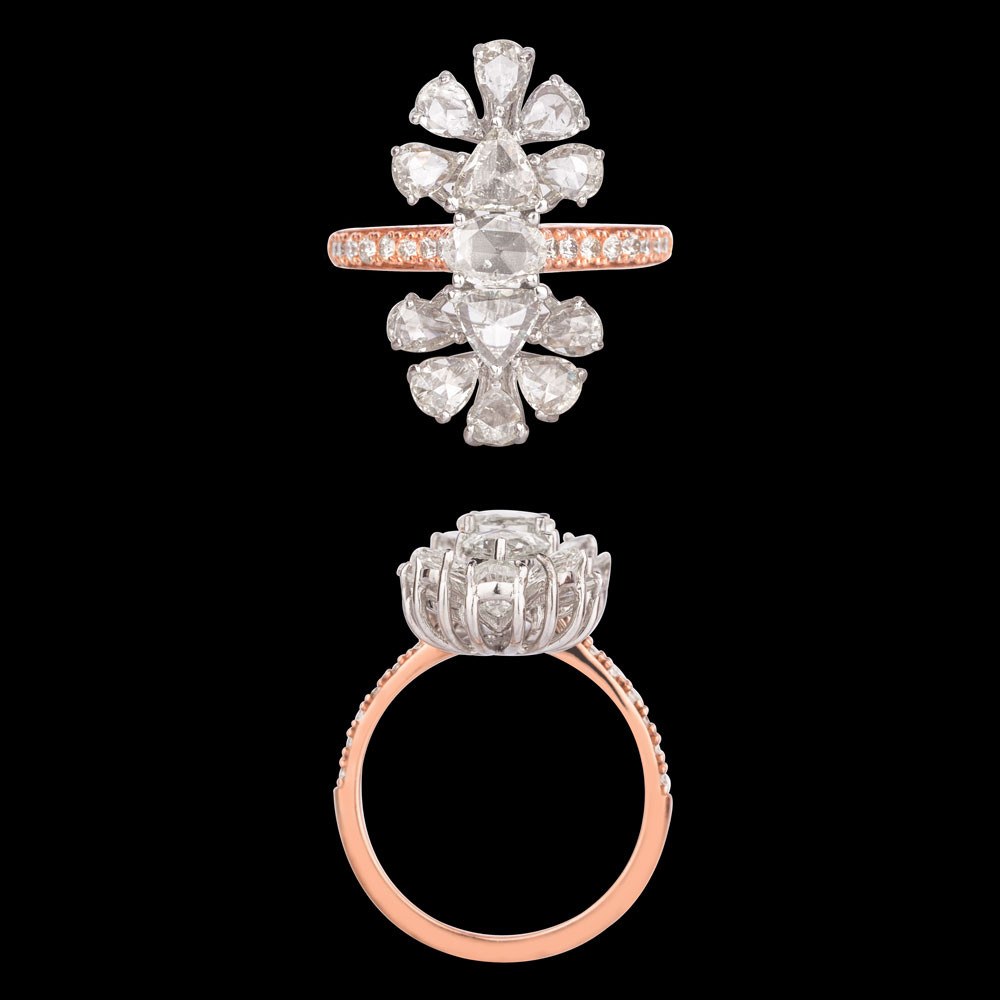 Solene Statement Diamond Ring — 18K rose gold diamond ring, top and side view