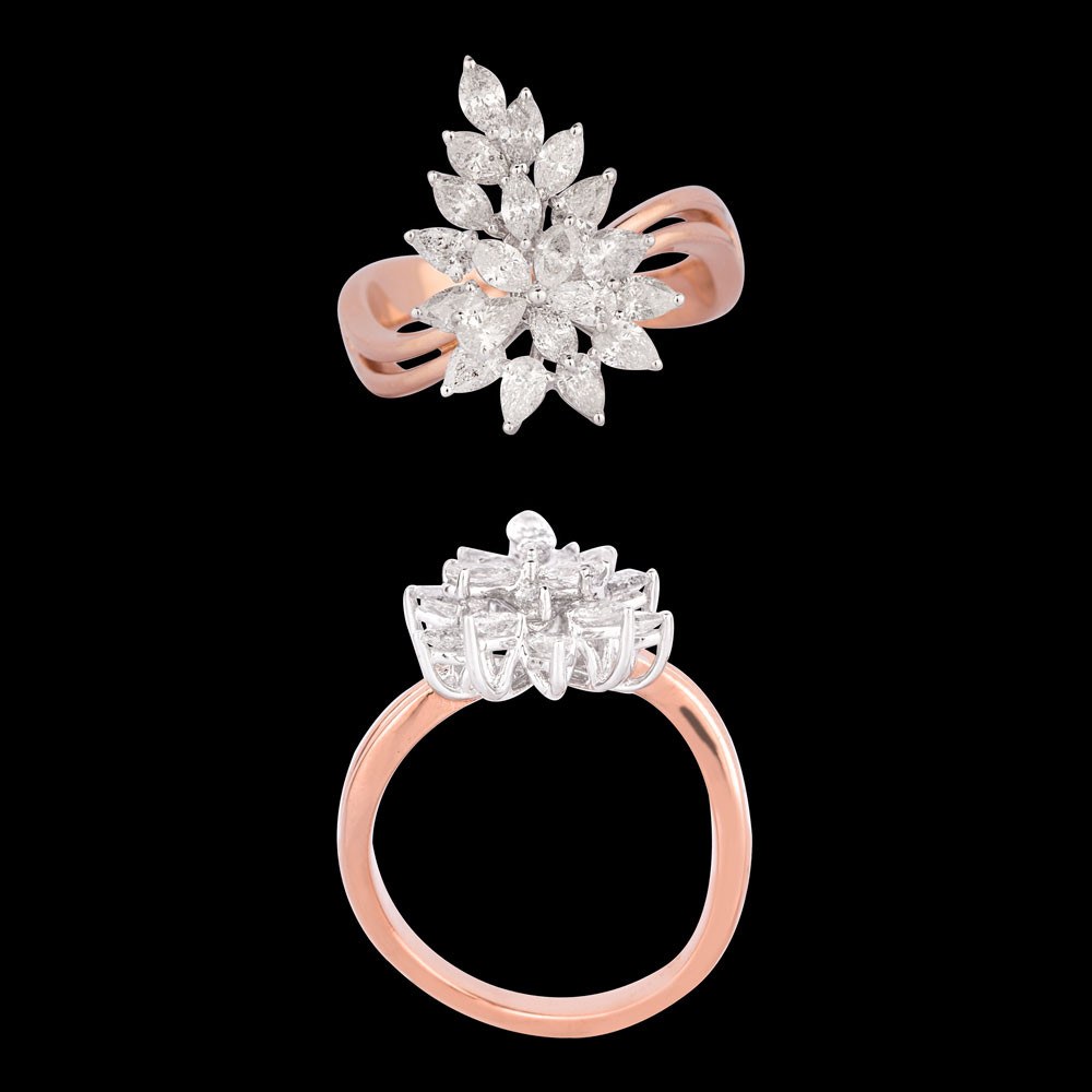 Grand Fleur Diamond Ring — 18K rose gold diamond ring, top and side view