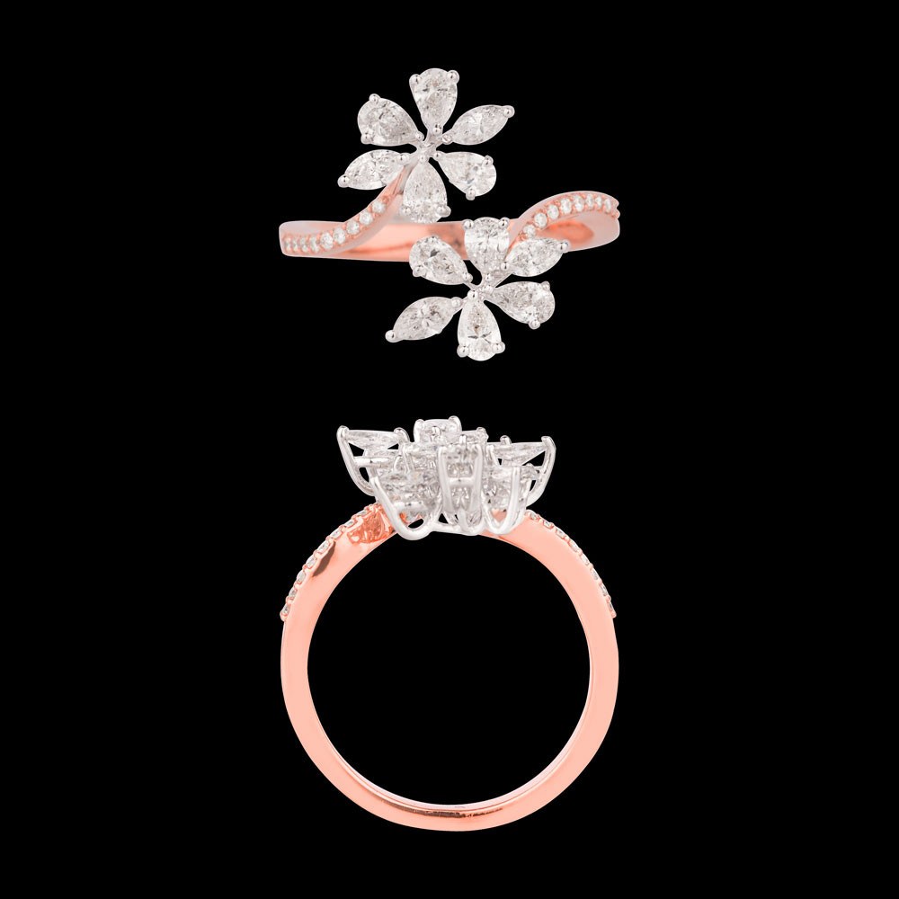 Duo Fleur Twin Blossom Ring — 18K rose gold diamond ring, top and side view