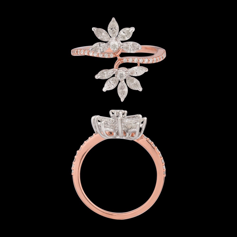 Petale Floral Diamond Ring — 18K rose gold diamond ring, top and side view