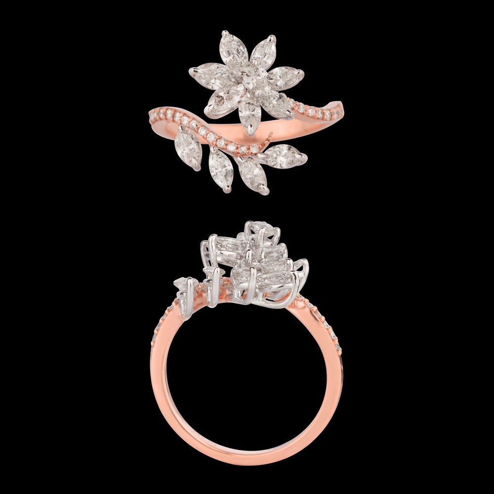 Rosalie Floral Diamond Ring — 18K rose gold diamond ring, top and side view
