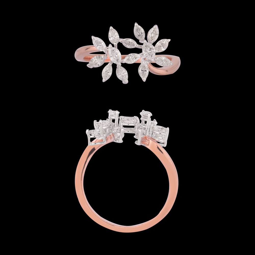 Mimosa Petite Floral Ring — 18K rose gold diamond ring, top and side view
