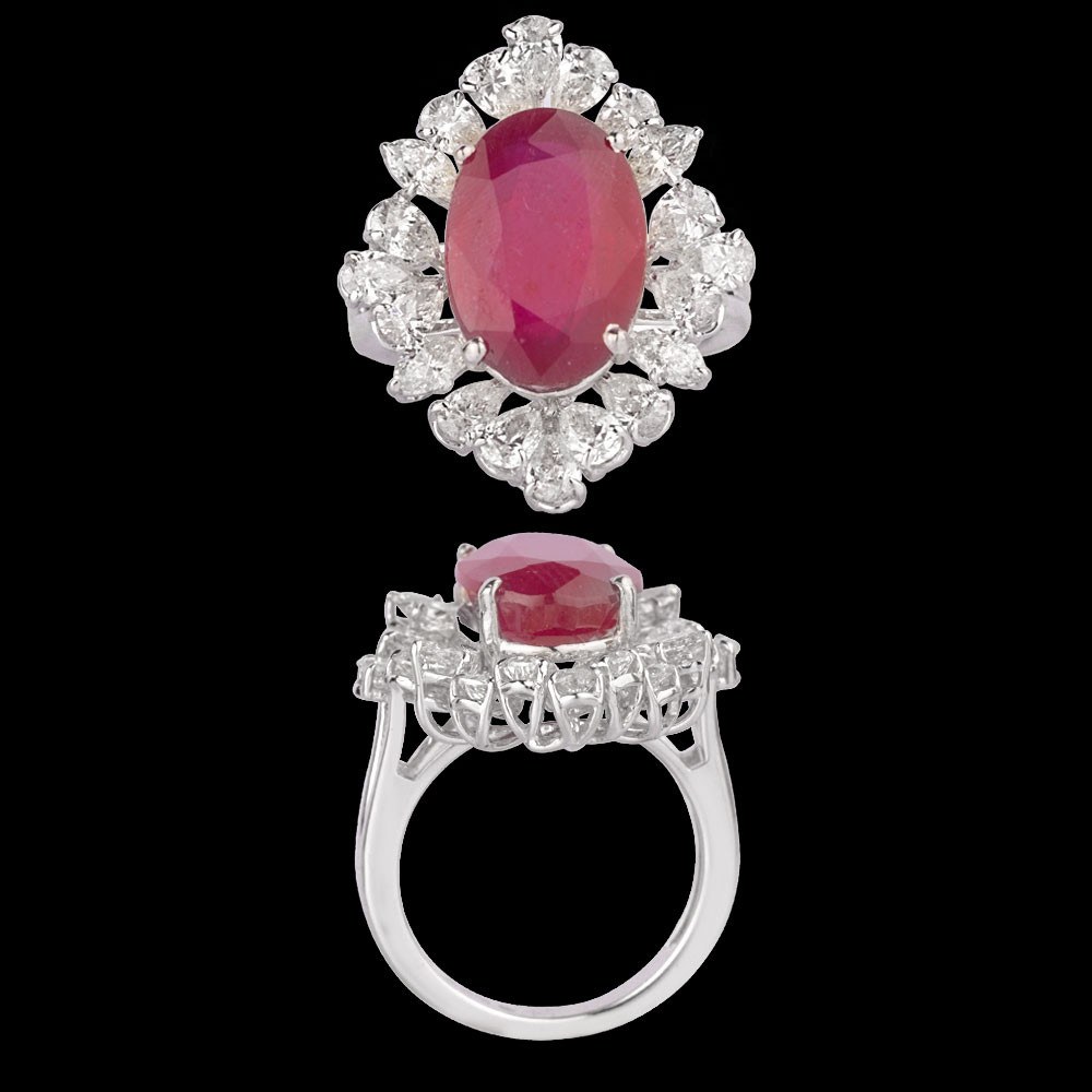 Aurelia Ruby Halo Ring — 18K white gold ruby and diamond ring, top and side view