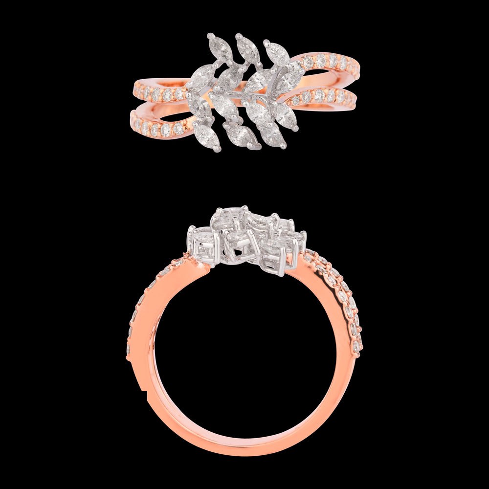 Fougere Leaf Ring — 18K rose gold diamond ring, top and side view