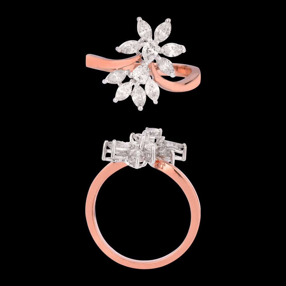 Pivoine Floral Diamond Ring — 18K rose gold diamond ring, top and side view