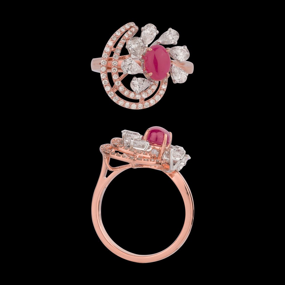 Grenat Ruby Blossom Ring — 18K rose gold ruby and diamond ring, top and side view