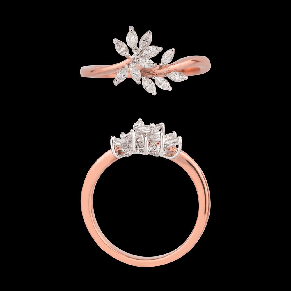 Feuille Marquise Leaf Ring — 18K rose gold diamond ring, top and side view