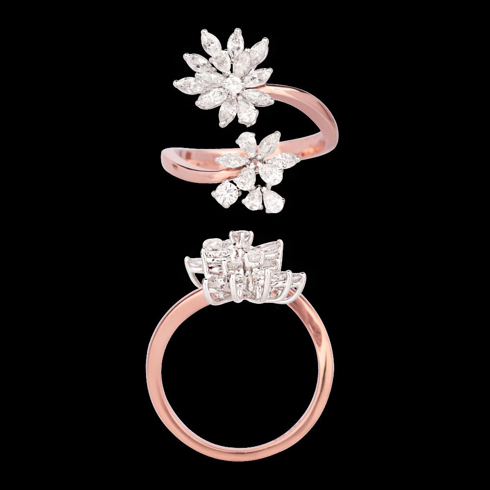Camelia Floral Diamond Ring — 18K rose gold diamond ring, top and side view