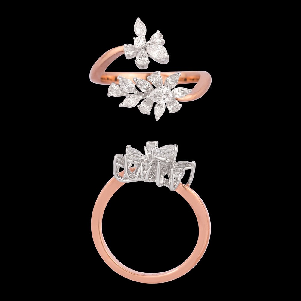 Amelie Marquise Floral Ring — 18K rose gold diamond ring, top and side view