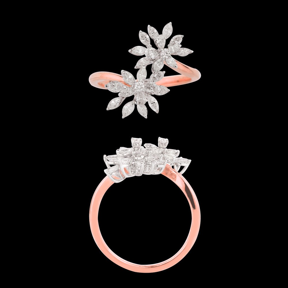 Marguerite Floral Ring — 18K rose gold diamond ring, top and side view
