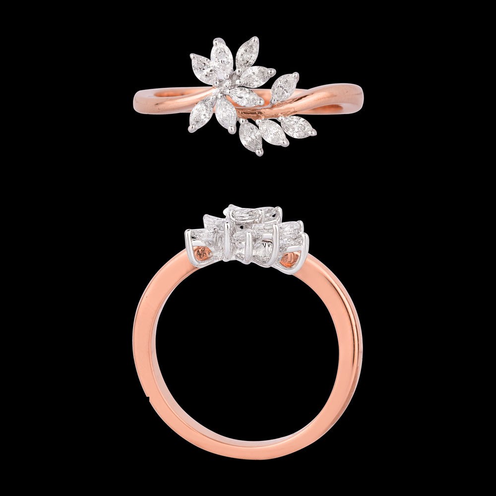 Sable Floral Diamond Ring — 18K rose gold diamond ring, top and side view