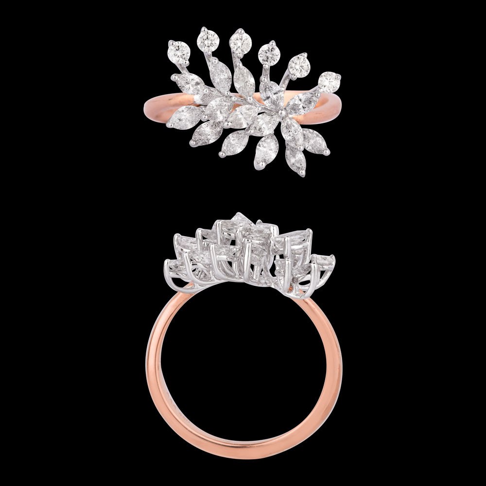 Valentine Floral Diamond Ring — 18K rose gold diamond ring, top and side view