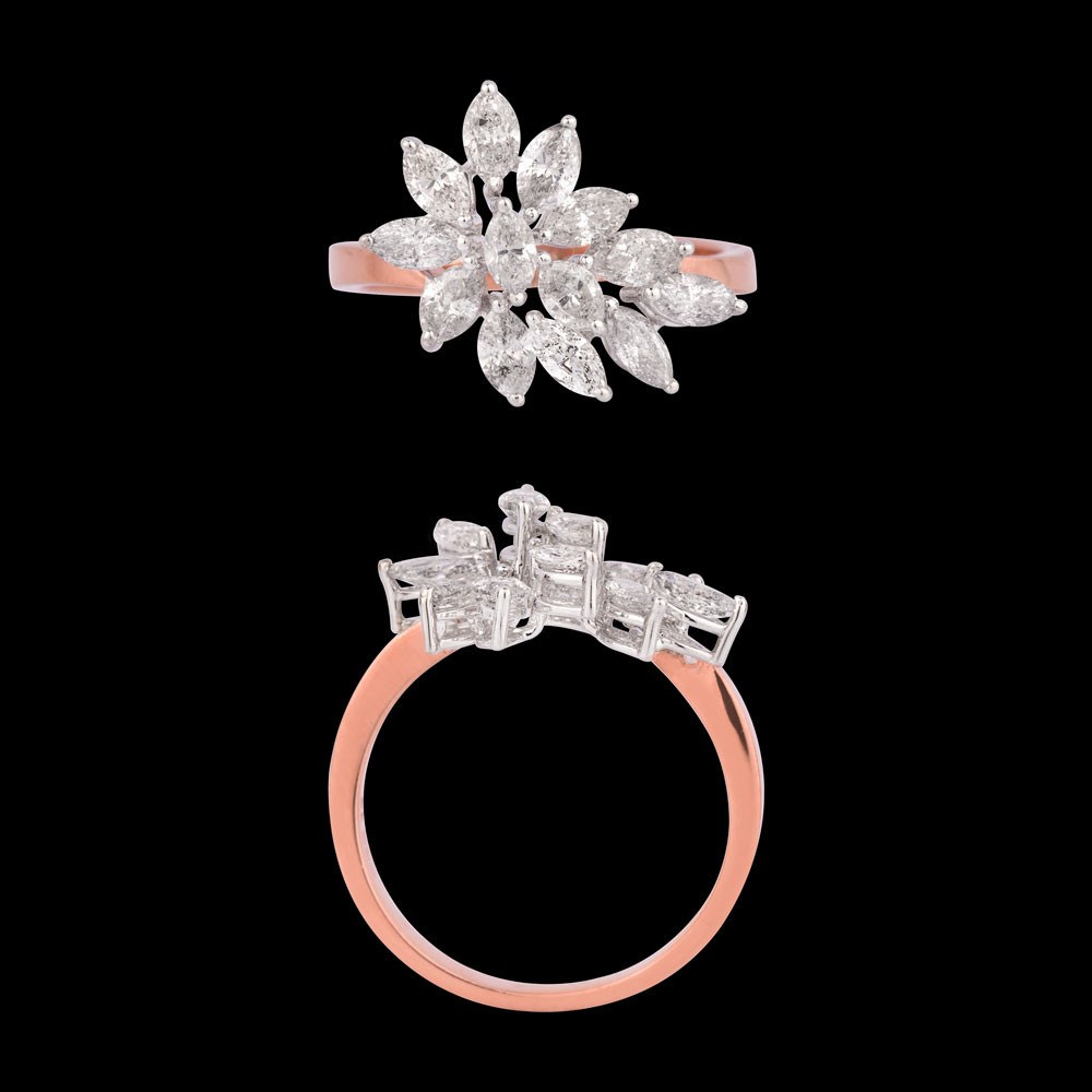 Opulence Floral Cluster Ring — 18K rose gold diamond ring, top and side view
