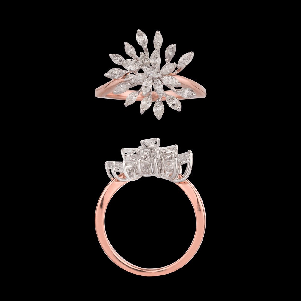 Lyra Diamond Cluster Ring — 18K rose gold diamond ring, top and side view