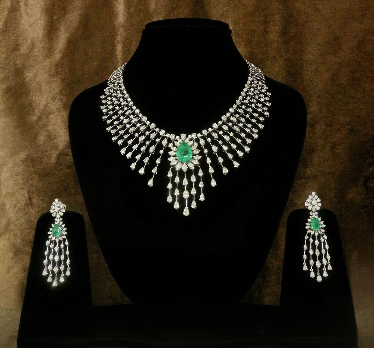 Delphine Emerald Necklace Set — 18K white gold necklace set by Nyce Designz